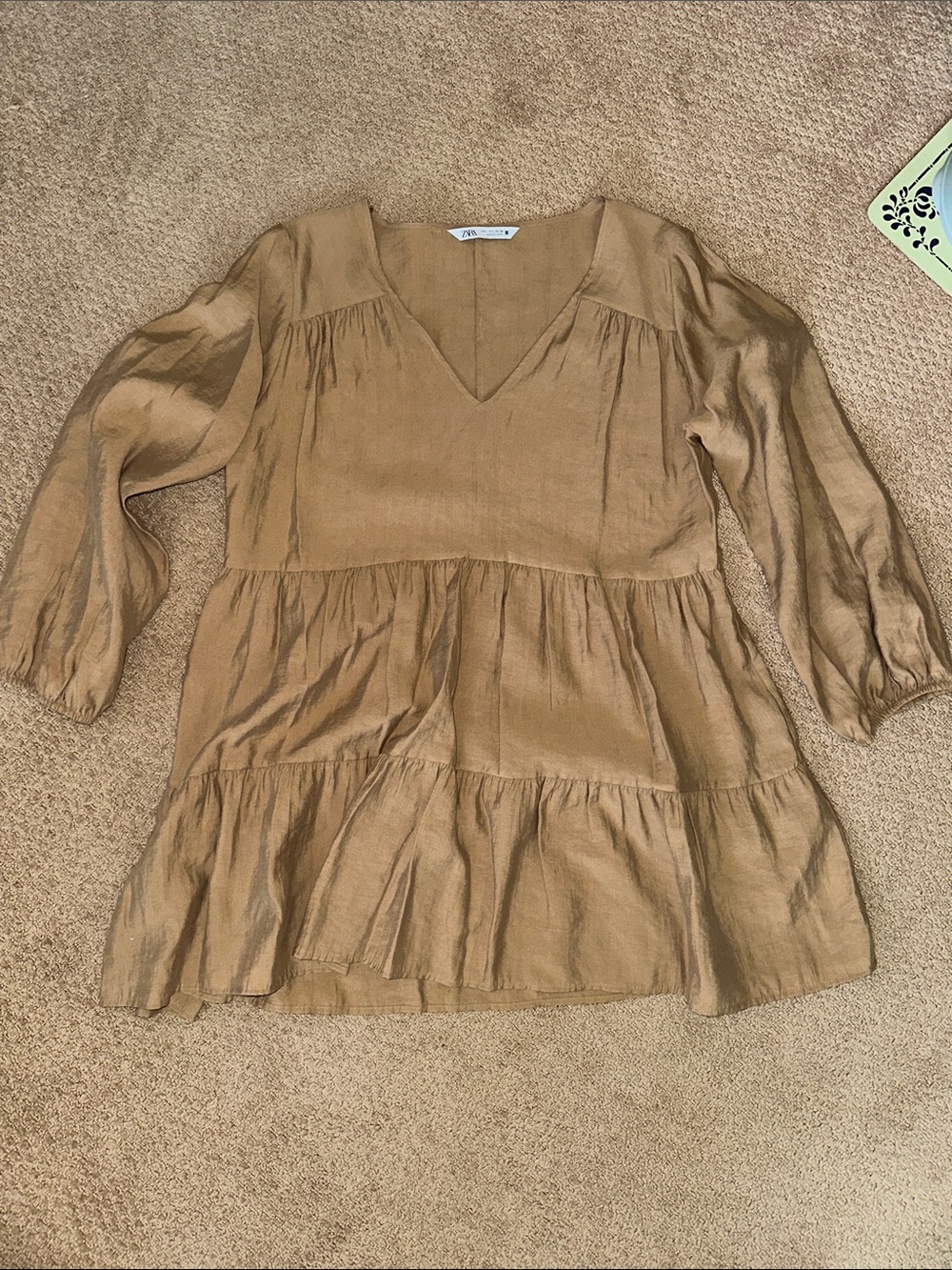 Zara Camel Tiered V-Neck Tunic Dress